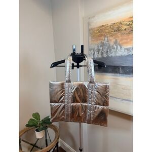 Bath & Body Works Metallic Silver Puffer Tote Bag Quilted Logo Straps New